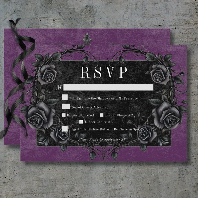 Cartons Réponse Gothique noir corbeau et noir Rose pourpre dîner (Gothic Black Raven & Black Roses Purple Dinner RSVP Card)