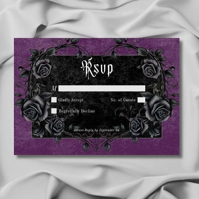 Cartons Réponse Gothique Noir Corbeau & Roses Violet Pas de Dîner (Gothic Black Raven & Roses Purple No Dinner RSVP Card)