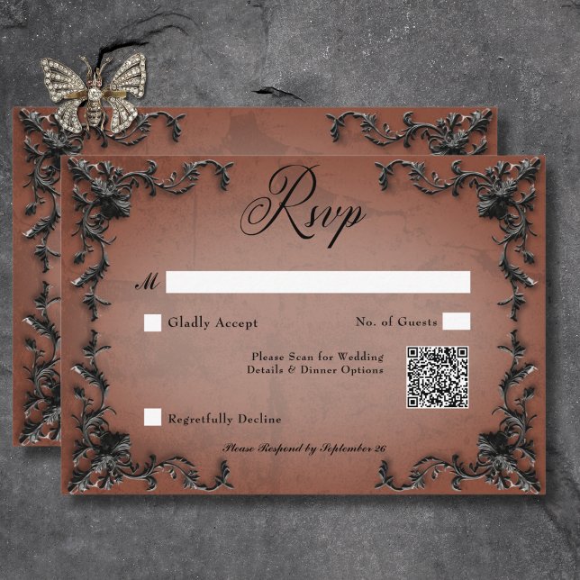 Cartons Réponse Gothique Noir et Rouille Filigree Coeur QR Code (Gothic Black & Rust Filigree Heart QR Code RSVP Card)