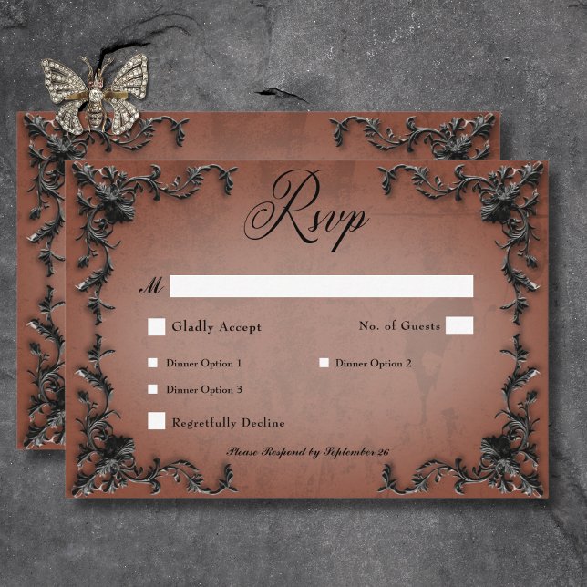 Cartons Réponse Gothique Noir & Rust Filigree Dîner Coeur (Gothic Black & Rust Filigree Heart Dinner RSVP Card)
