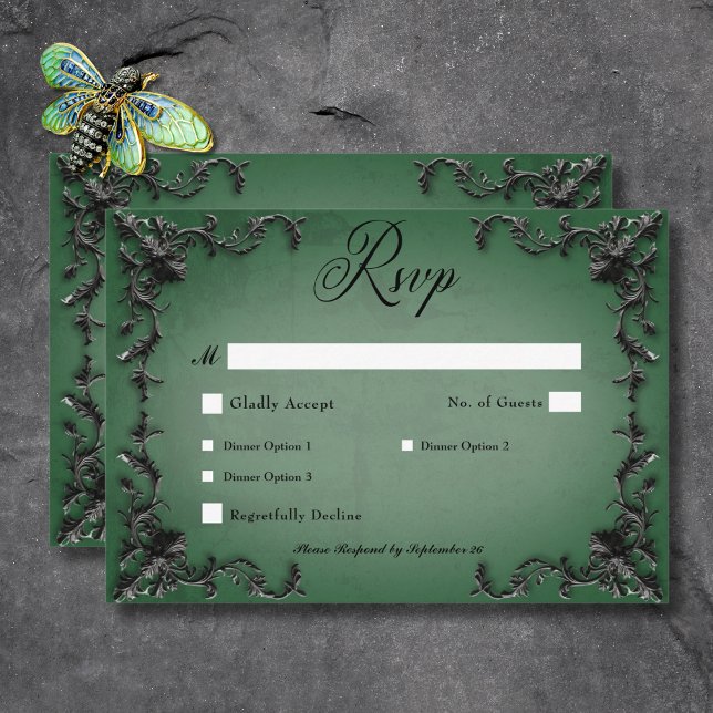 Cartons Réponse Gothique Noir & Vert Filigree Dîner Coeur (Gothic Black & Green Filigree Heart Dinner RSVP Card)