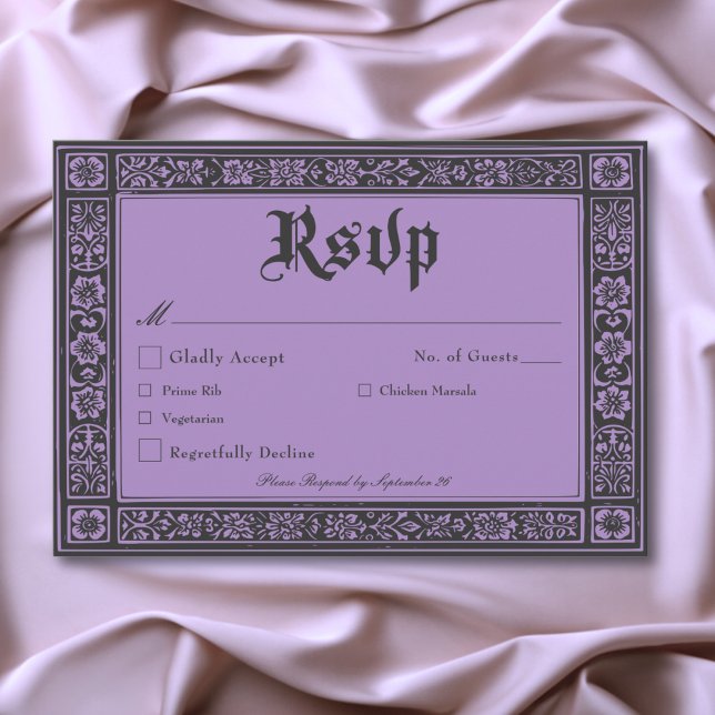 Cartons Réponse Gothique Noir violet Médiéval jusqu'à la mort Mari (Gothic Black Purple Medieval Until Death Wedding RSVP Card)