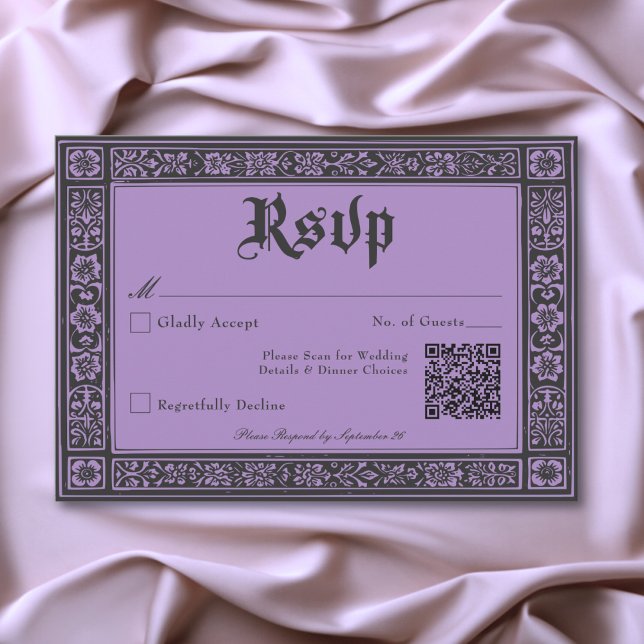 Cartons Réponse Gothique Noir violet Médiéval jusqu'à la mort Mari (Gothic Black Purple Medieval Until Death Wedding RSVP Card)