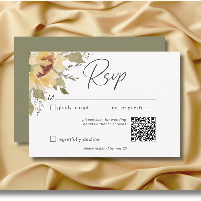 Cartons Réponse Grand code QR mariage bohème rustique avec grands  (Soft Rustic Large Boho Sunflowers Wedding QR code RSVP Card)