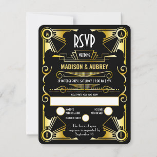 Cartons Réponse Grand Gatsby Art Déco Mariage Opulent Or & Noir