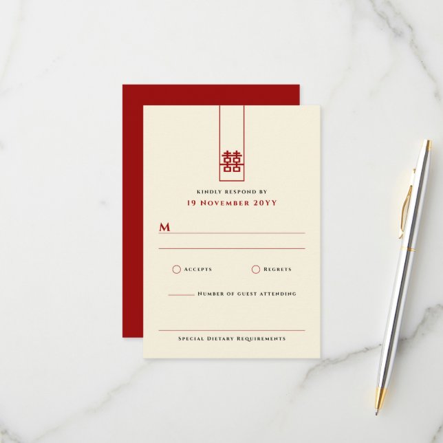 Cartons Réponse Grand Rectangle double bonheur Mariage chinois (Devant/Arrière en situation)