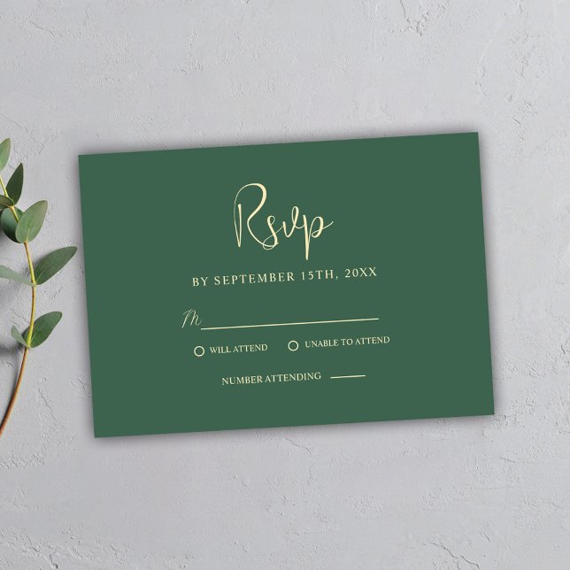 Cartons Réponse Green Minimal Script Moderne Mariage élégant (Green Minimal Script Modern Elegant Wedding RSVP Card)