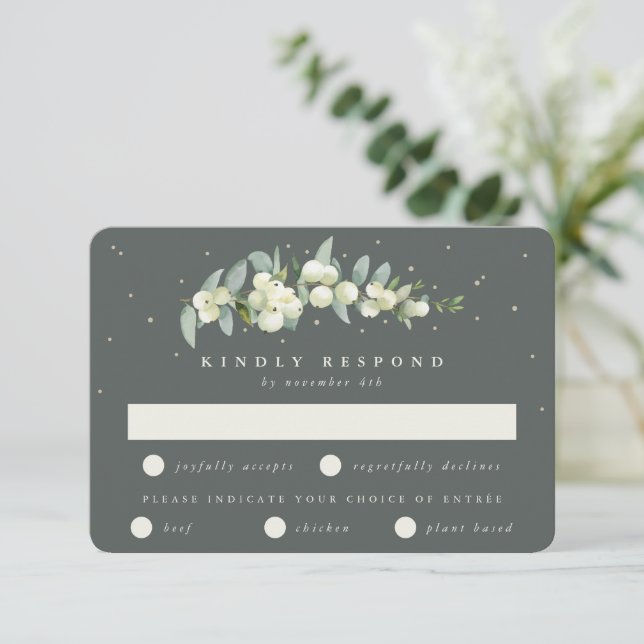 Cartons Réponse Gris Vert Snowberry+Eucalyptus Mariage à tige (Debout devant)