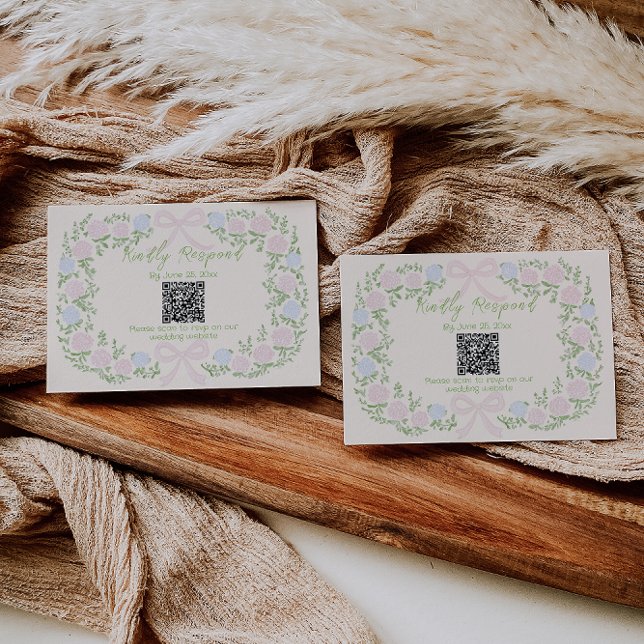 Cartons Réponse Hand Drawn Green Pink Bow Floral Wedding QR Code (Créateur téléchargé)