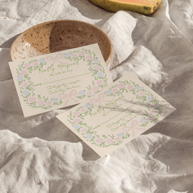 Cartons Réponse Hand Drawn Green Pink Bow Floral Wreath Wedding (Créateur téléchargé)