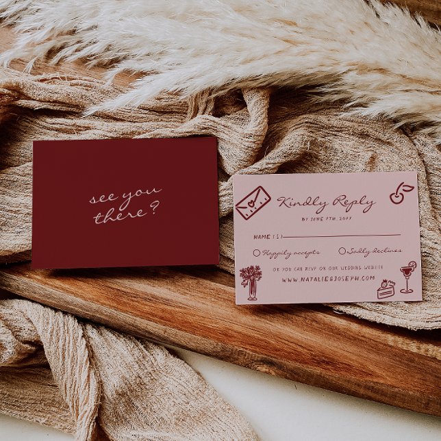 Cartons Réponse Hand Drawn Pink Burgundy Romantic Wedding (Créateur téléchargé)
