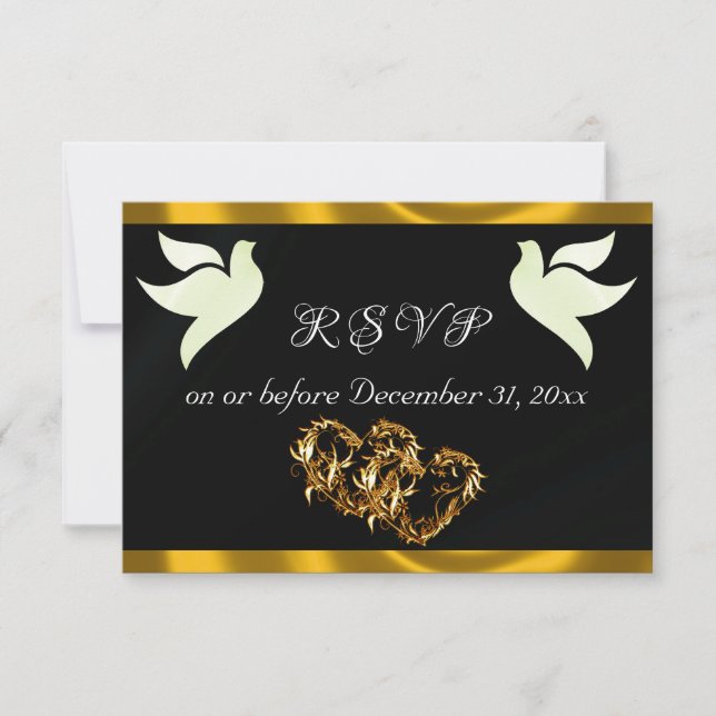 Cartons Réponse Heart, Doves & Ribbon - Black/Gold (Devant)