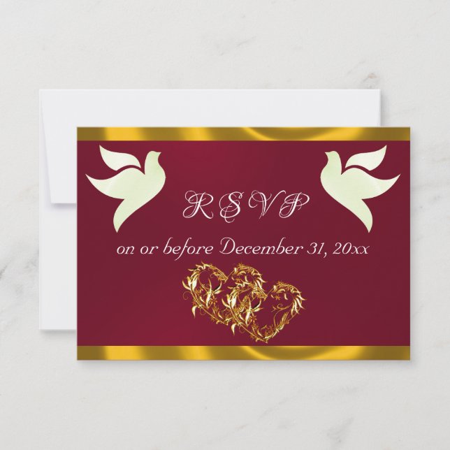 Cartons Réponse Heart, Doves & Ribbon - Burgundy/Gold (Devant)
