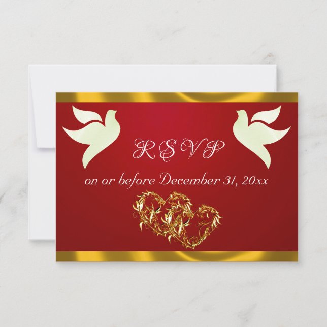 Cartons Réponse Heart, Doves & Ribbon - Crimson/Gold (Devant)