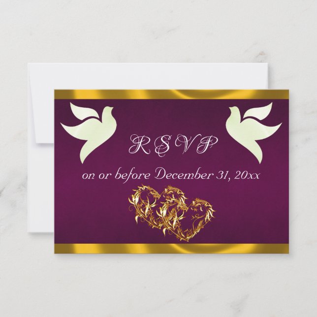 Cartons Réponse Heart, Doves & Ribbon - Purple/Gold (Devant)