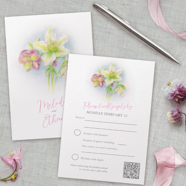 Cartons Réponse Hellebore aquarelle art printemps mariage QR code (Créateur téléchargé)
