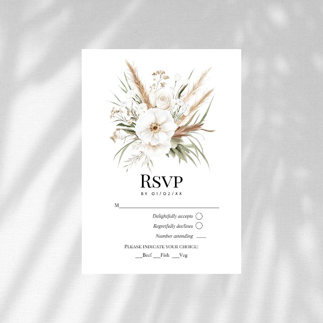 Cartons Réponse Herbe des Pampas Rustique Blanche Florale Bohème M (Rustic Pampas Grass White Floral Bohemian Wedding RSVP Card)