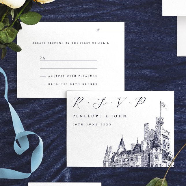 Cartons Réponse Illustration de mariage Château Script Élégant (Elegant Script Castle Illustration Wedding RSVP Card)