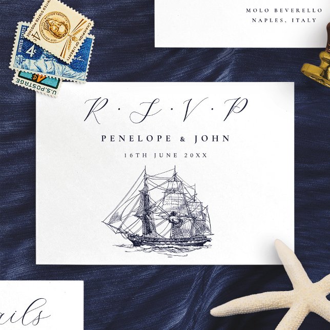 Cartons Réponse Illustration du navire nautique (Nautical Ship Illustration Destination Wedding RSVP Card)