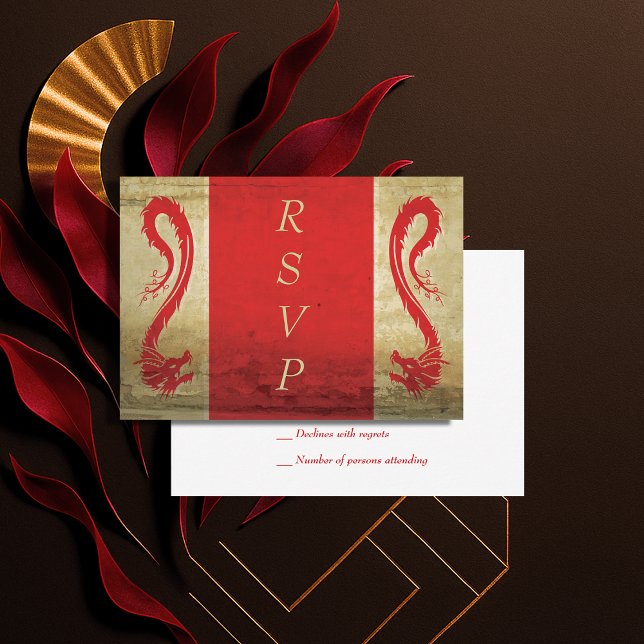 Cartons Réponse Imaginaire Mariage Rouge et or Dragon asiatique (Fantasy Wedding Red and Gold Asian Dragon RSVP Card)