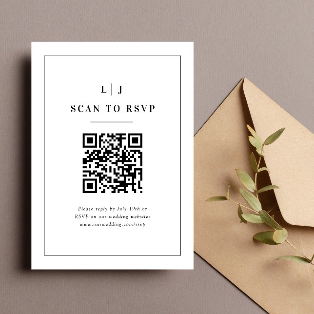 Cartons Réponse Initiales Élégantes Code QR Mariage Noir et Blanc (Elegant initials black and white QR code RSVP card simplifies guest replies with style)