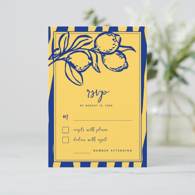 Cartons Réponse Italian Hand Drawn Lemon Handwritten Blue Wedding (Debout devant)