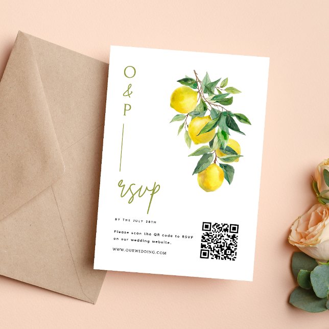 Cartons Réponse Italie Méditerranéenne Citron Vibrant Mariage Code (Mediterranean lemon QR code RSVP card makes replies easy with bright, modern wedding style.)