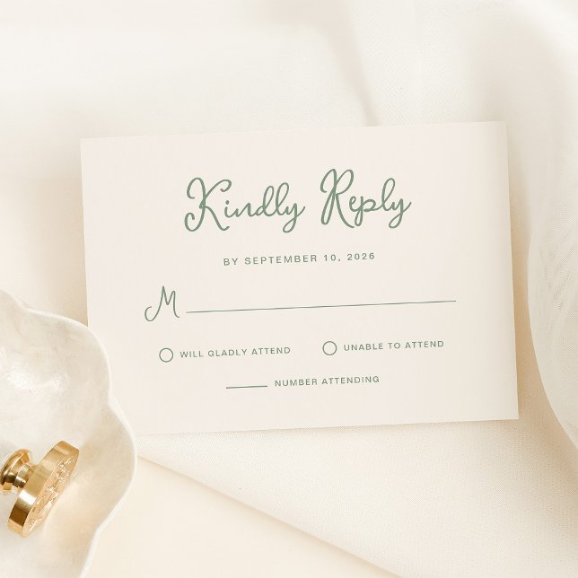 Cartons Réponse Ivoire doux et Whimsical et Mariage vert Sage (A simple and elegant ivory cream wedding rsvp card with sage green text)