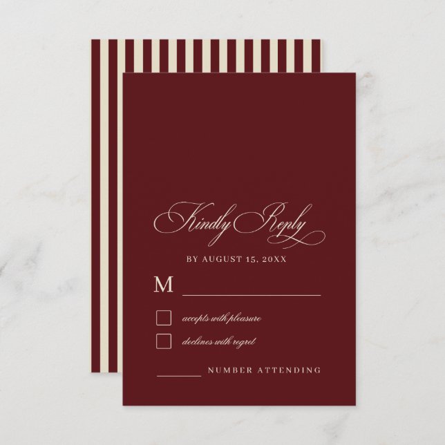 Cartons Réponse Ivory & Burgundy Stripes Retro Old Money Wedding (Devant / Derrière)