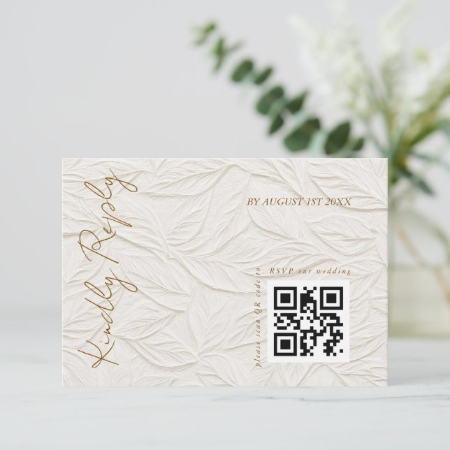 Cartons Réponse Ivory Leaves Elegant Wedding QR code  (Debout devant)