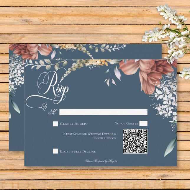 Cartons Réponse Jardin bleu romantique moderne Mariage de fleurs Q (Modern Romantic Blue Garden Floral Wedding Response Card with QR Code)