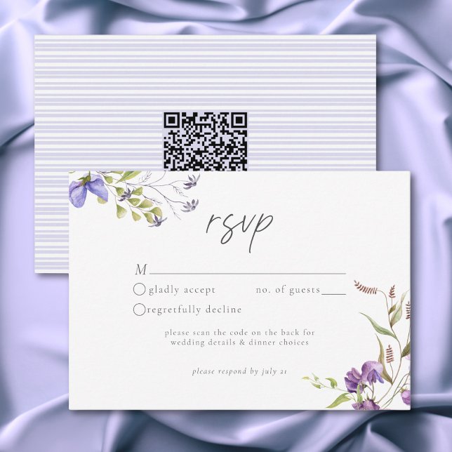 Cartons Réponse Jardin de fleurs sauvages de lavande Mariage roman (Lavender Wildflower Garden Romantic White Wedding QR Code RSVP Card)