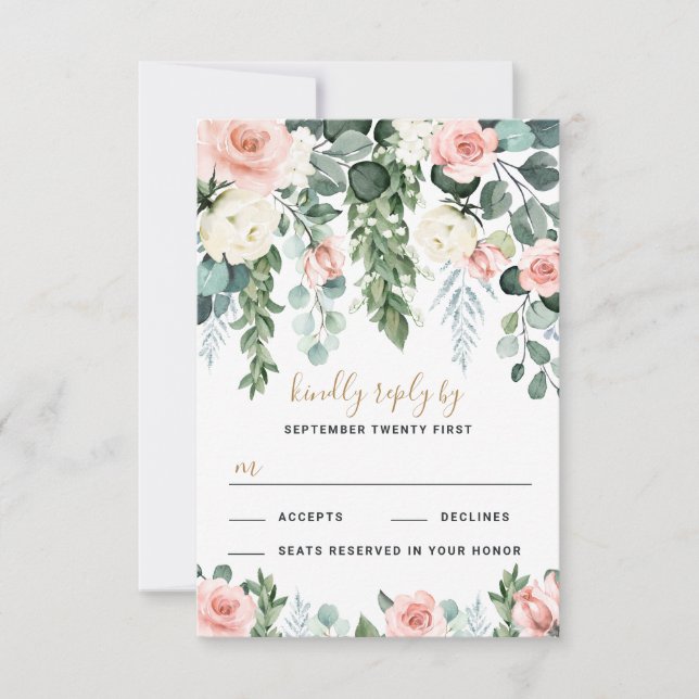 Cartons Réponse Jardin Floral rose pâle Rose Mariage d'aquarelle (Devant)