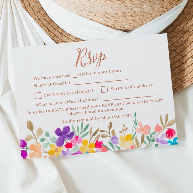 Cartons Réponse Jardin peint fleur sauvage script mariage (Painted garden wildflowers script wedding RSVP card)