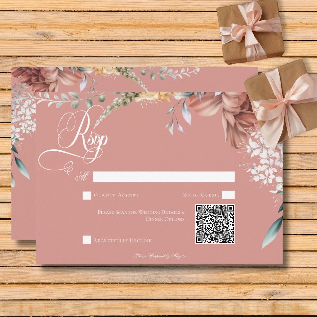 Cartons Réponse Jardin rose romantique moderne Mariage de fleurs Q (Modern Romantic Pink Garden Floral Wedding QR Code RSVP Card)