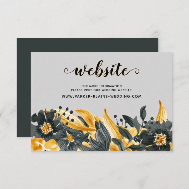 Cartons Réponse Jaune Gris Élégant Floral Script Mariage site Web (Devant / Derrière)