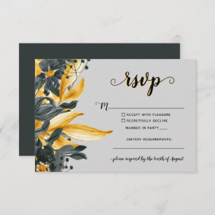 Cartons Réponse Jaune & Gris Floral Élégant Script Mariage moderne