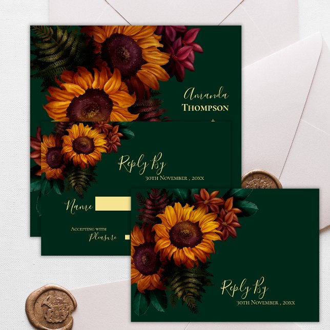 Cartons Réponse Joli Mariage de automne d'automne vert tournesol r (Pretty Autumn Green Sunflower Rustic Fall Wedding RSVP Card)