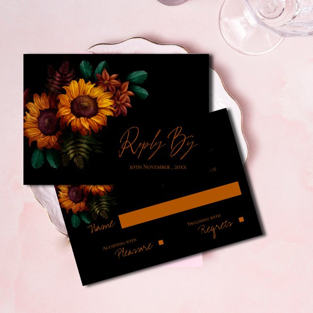 Cartons Réponse Joli Rustique Noir Brûlé Orange Floral Mariage (Pretty Rustic Black Burnt Orange Floral Wedding RSVP Card)