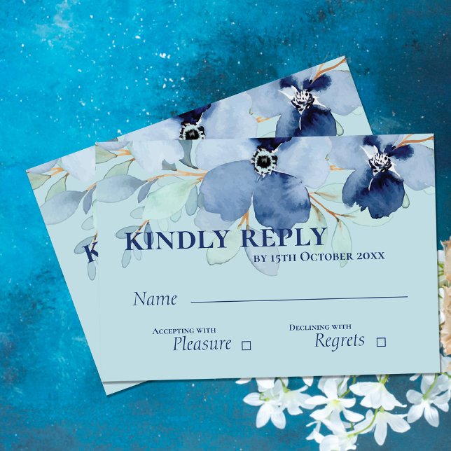 Cartons Réponse Jolie aquarelle Stale Blue Floral Mariage (Pretty Watercolor Stale Blue Floral Wedding RSVP Card)