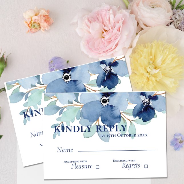 Cartons Réponse Jolie aquarelle Stale Blue Floral Mariage (Pretty Watercolor Stale Blue Floral Wedding RSVP Card)