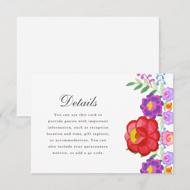 Cartons Réponse Jolie Fiesta Rouge Florale Quinceanera Détails (Devant / Derrière)