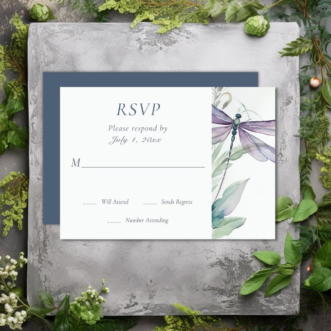 Cartons Réponse Jolie libellule d'aquarelle et Mariage de verdure (Pretty Watercolor Dragonfly and Greenery Wedding RSVP Card)