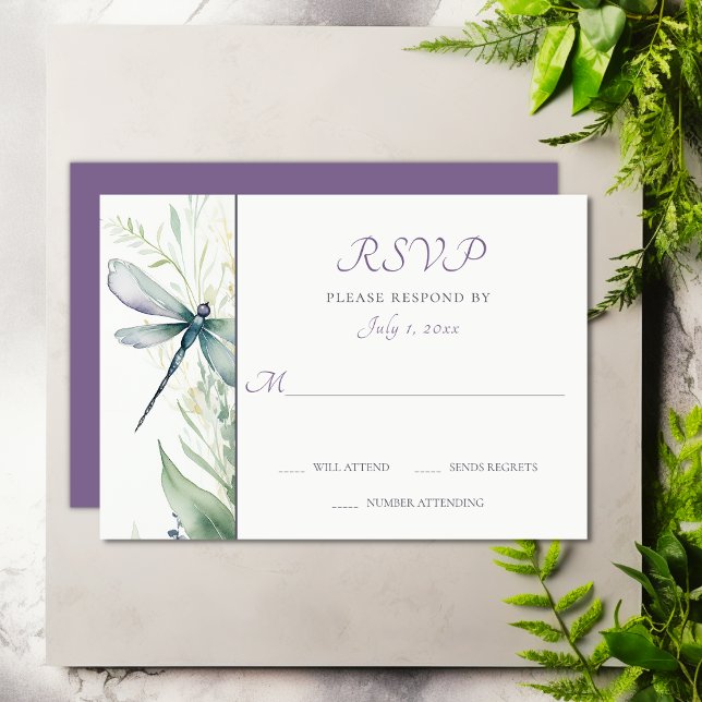 Cartons Réponse Jolie libellule d'aquarelle et Mariage de verdure (Pretty Watercolor Dragonfly and Greenery Wedding RSVP Card)