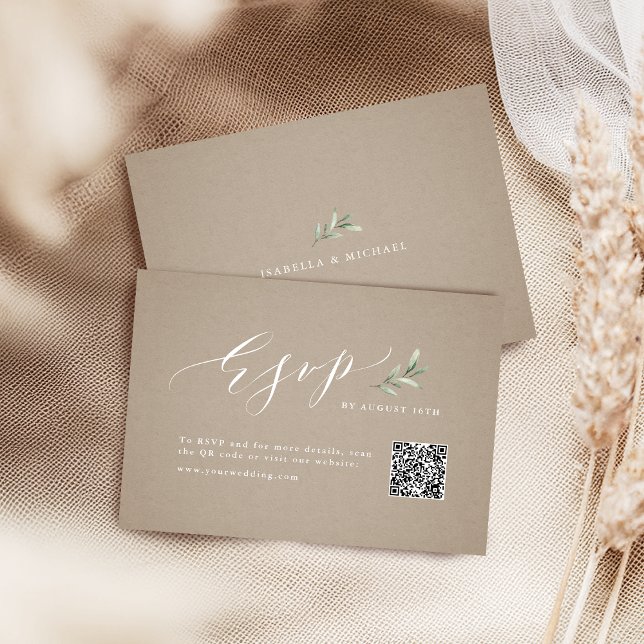 Cartons Réponse Kraft calligraphie rustique verdure mariage QR cod (Kraft calligraphy rustic greenery wedding QR code RSVP Card)