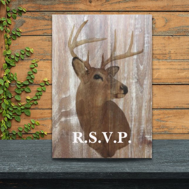 Cartons Réponse la chasse au cerf à grains de bois rustique est au (rustic wood grain deer hunt is over wedding RSVP)