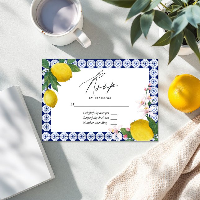 Cartons Réponse "La Dolce Vita" Carrelage citron Mariage italien ("La Dolce Vita" Lemon Tile Italian Wedding RSVP Card)