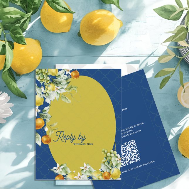 Cartons Réponse La Dolce Vita Citrus Blue Gold QR Code Wedding (La Dolce Vita Citrus Blue Gold QR Code Wedding RSVP Card)