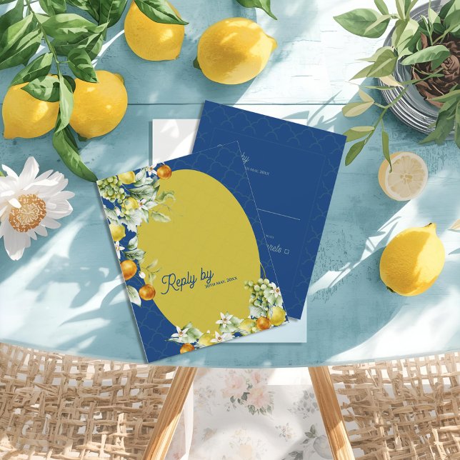 Cartons Réponse La Dolce Vita Citrus Luxe Blue Gold Wedding Reply (La Dolce Vita Citrus Luxe Blue Gold Wedding Reply RSVP Card)