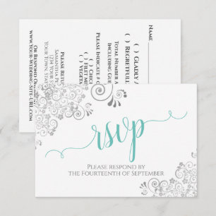 Cartons Réponse Lacy Silver & Aqua sur White Elegant Script Mariag